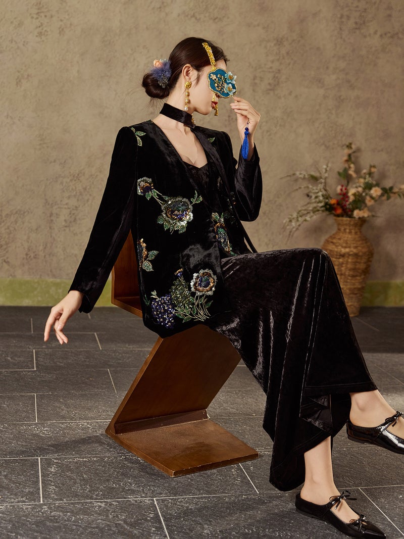 Yailla New Versatile Chinese Style High-End Velvet Top for Autumn and Winter Sequined Embroidery Mulberry Silk Design Elegant and Sophisticated Women'S Coat Niche Design Tang Coat Suit - Image 3